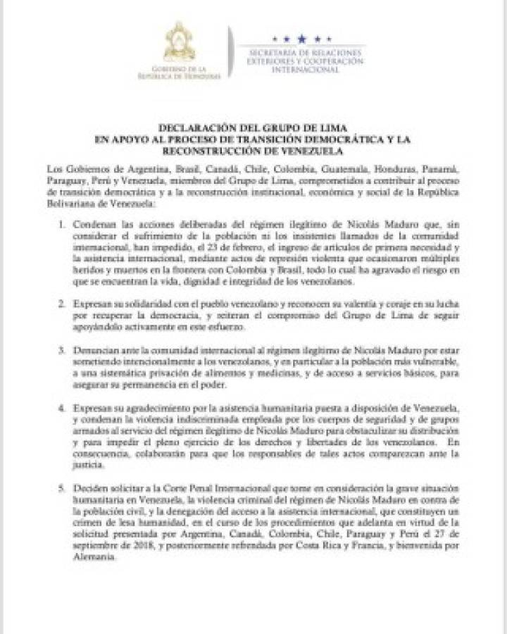 Grupo de Lima dice no a intervención militar en Venezuela