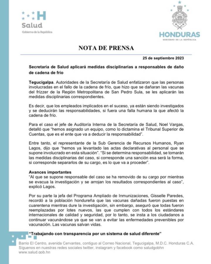 Remueven de su cargo al supuesto responsable del daño de las vacunas en la zona norte de Honduras