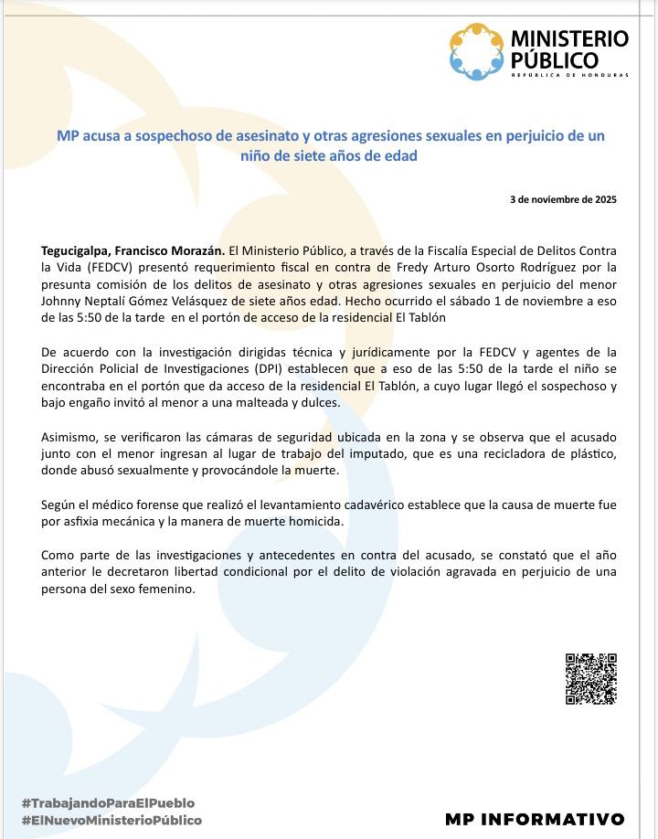 Ministerio Público acusa a sospechoso de muerte de menor en El Tablón por agresiones sexuales