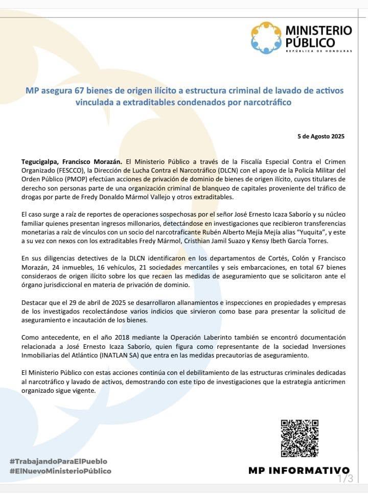 MP asegura 67 bienes a red criminal vinculada a narcotraficantes extraditables