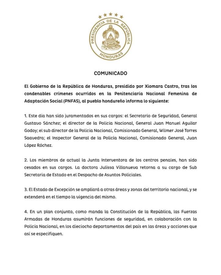 Policía Militar asumirá la dirección de todas las cárceles de Honduras