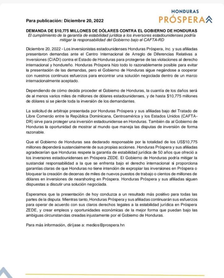 ZEDE Próspera demanda por 10,775 millones de dólares a Honduras