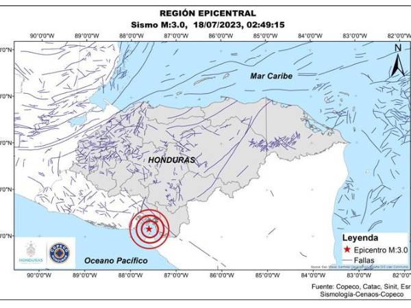 Localización del sismo registrado en la madrugada de este martes 18 de julio en la zona sur de Honduras.