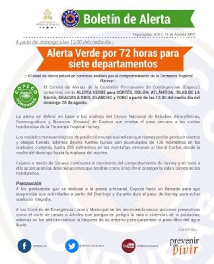 Este es el comunicado sobre la alerta verde que emitió Copeco este viernes.