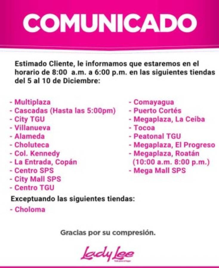 Horarios de atención de los principales comercios de Honduras