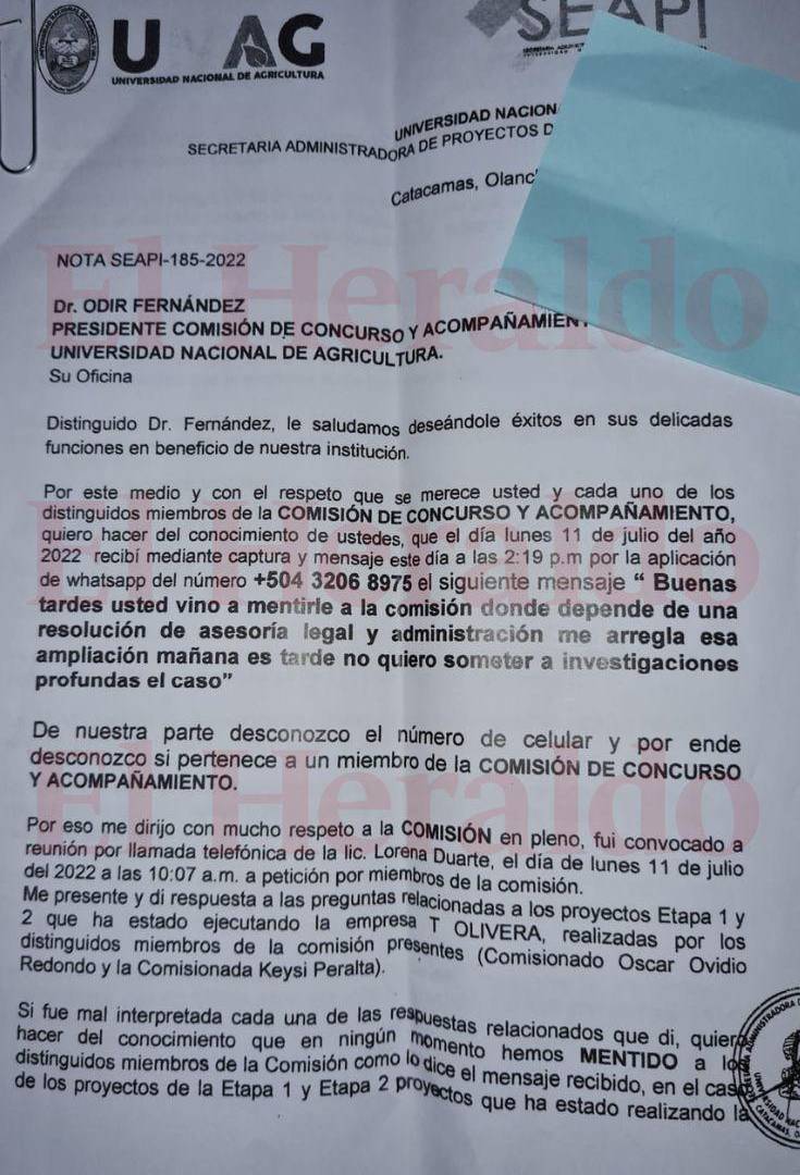 $!Nota enviada por Norman Roberto Montes a Odir Fernández presidente de la Comisión de Concurso y Acompañamiento informándole de la injerencia de Keysi Peralta.