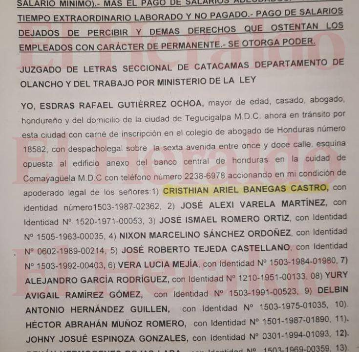 El abogado Esdras Rafael Gutiérrez, en representación de 64 guardias interpuso la demanda laboral en el Juzgado de Letras Seccional de Catacamas.