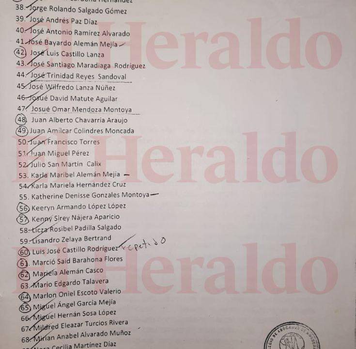 Mildred Eleazar Turcios (número 67) y Óscar Ovidio Redondo (número 72) aparece como demandante de la Unag. Por ser demandante y demandado, Redondo está acusado de seis delitos de prevaricato administrativo. El caso está para sentencia en el circuito anticorrupción.