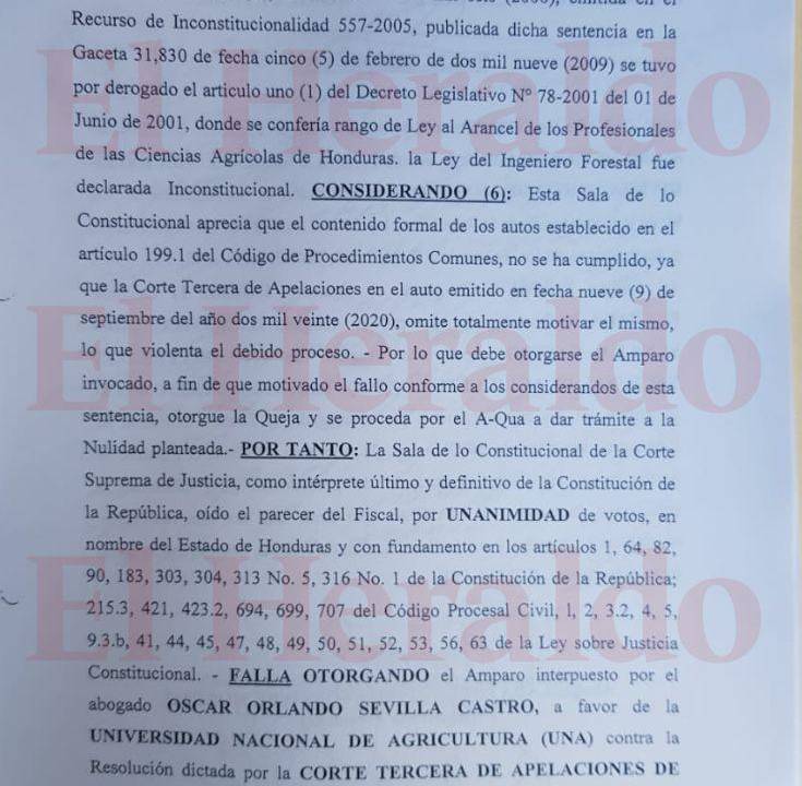 En el considerando 5, Sala de lo Constitucional corroboró que el Arancel de los Profesionales de las Ciencias Agrícolas es inconstitucional.