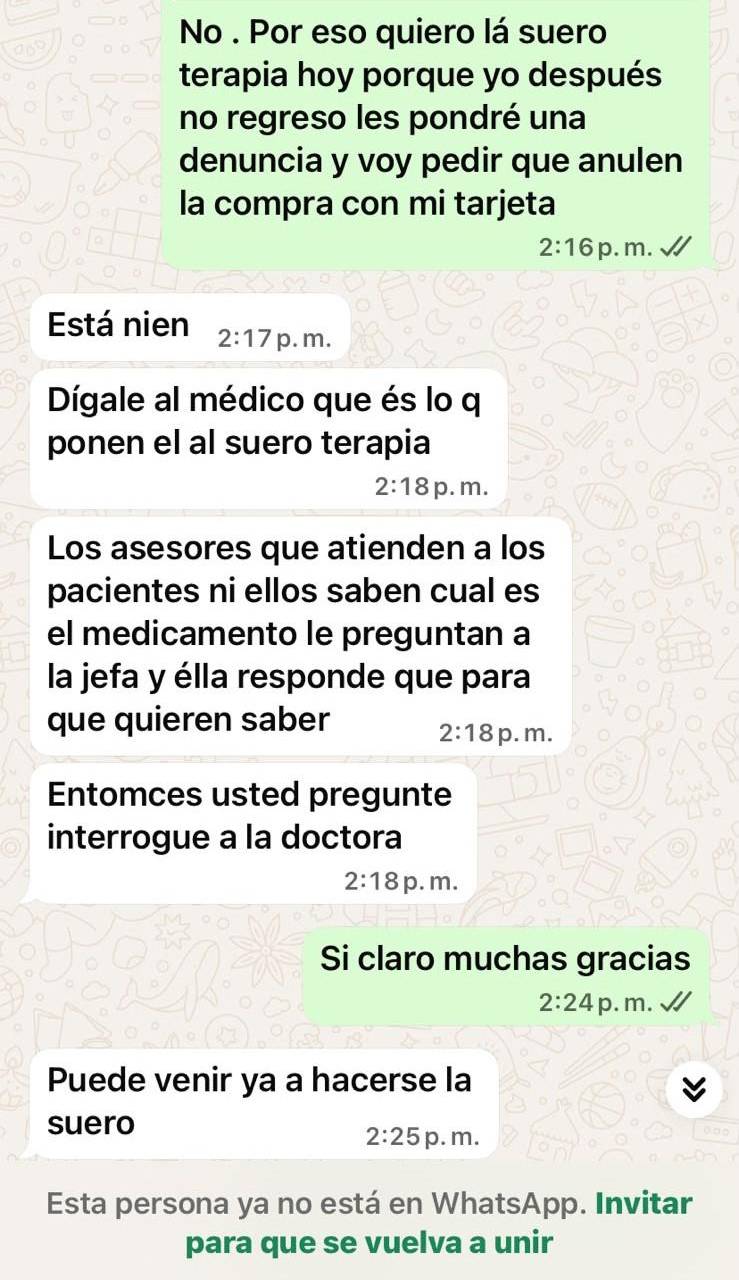 Parte de la conversación entre la paciente y una empleada de Nueva Med durante el proceso de atención.