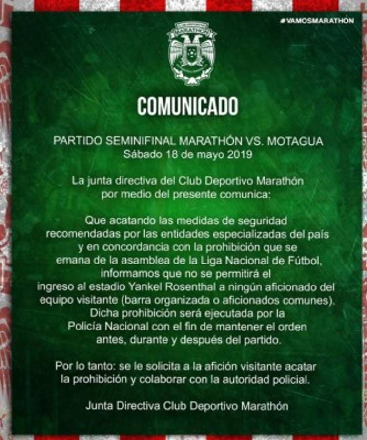 Aficionados de Motagua no entrarán al Yankel Rosenthal para el duelo ante Marathón