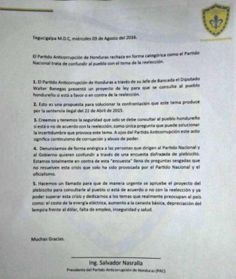 Honduras: Pac aboga por un plebiscito que contenga una sola interrogante