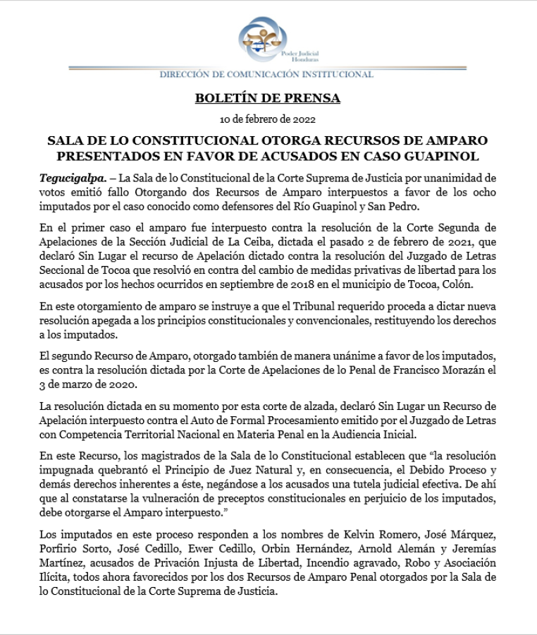 Sala de lo Constitucional resuelve dejar en libertad a imputados del caso Guapinol