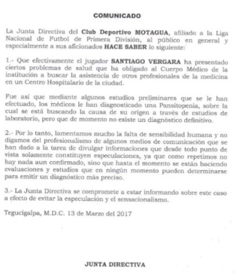 El mediocampista de Motagua Santiago Vergara sufre pancitopenia