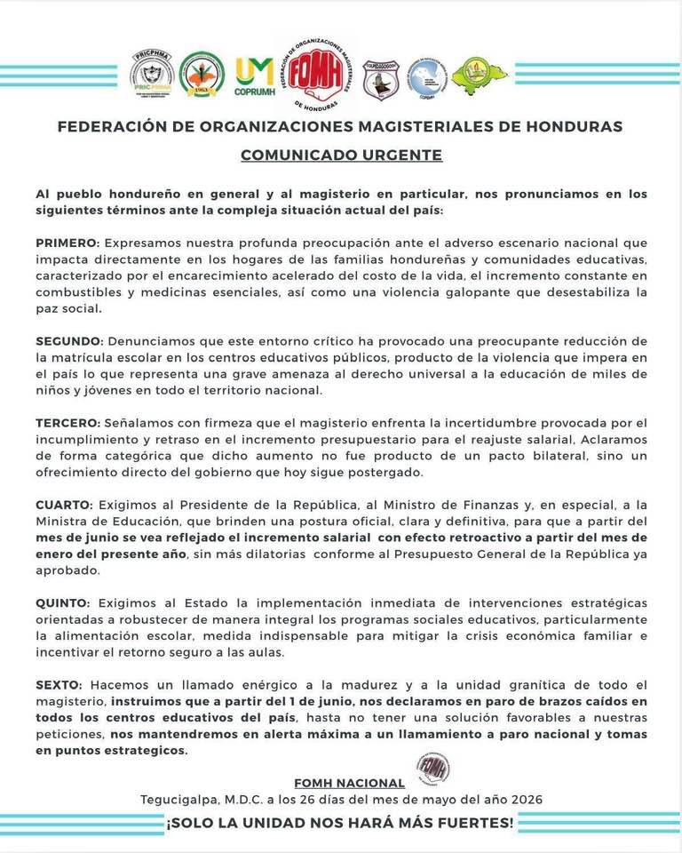 La Federación de Organizaciones Magisteriales de Honduras advirtió de protestas si no se hace el reajuste salarial de los profesores.