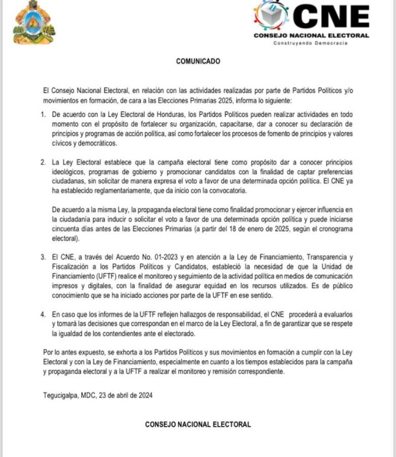 CNE analizará campañas de partidos políticos fuera del tiempo según la ley