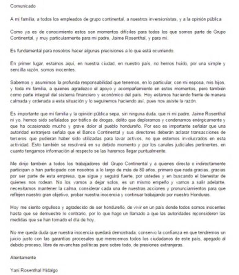 Comunicado de Yani Rosenthal al pueblo hondureño