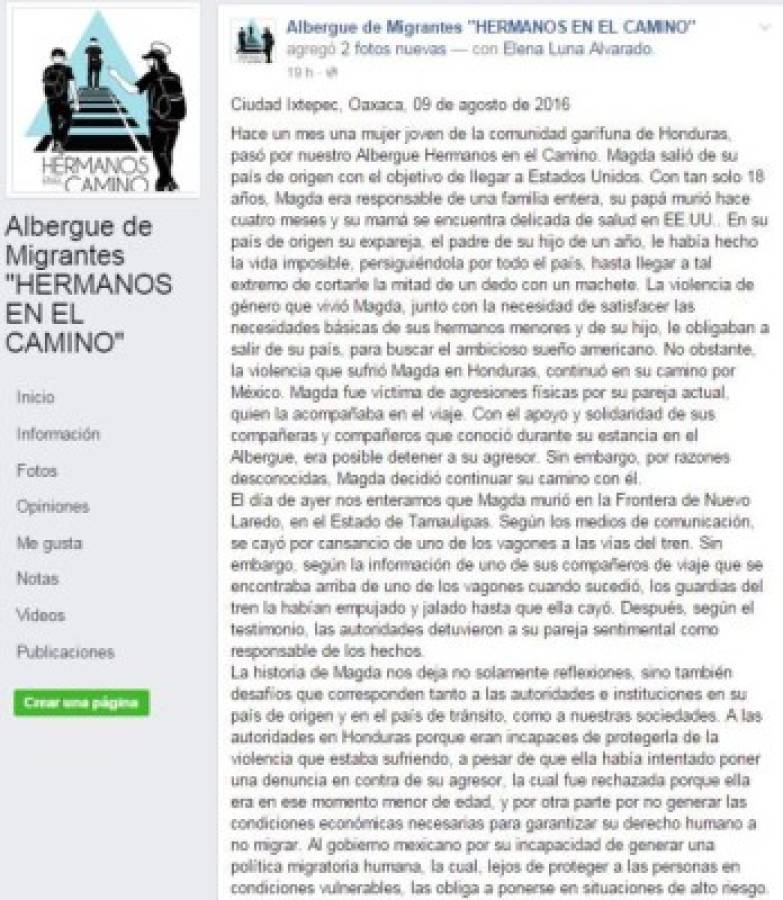 Albergue en México: Hay testimonios que hondureña fue empujada del tren