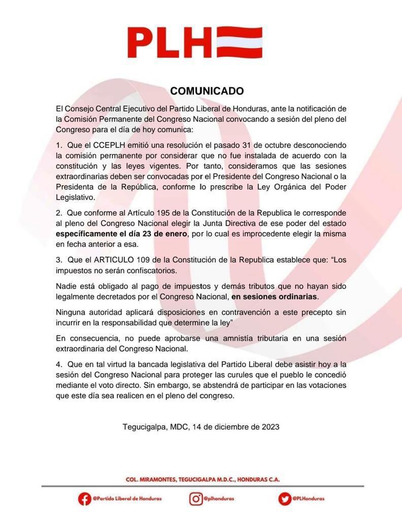 Partido Liberal asistirá a sesión del CN para “defender curules”