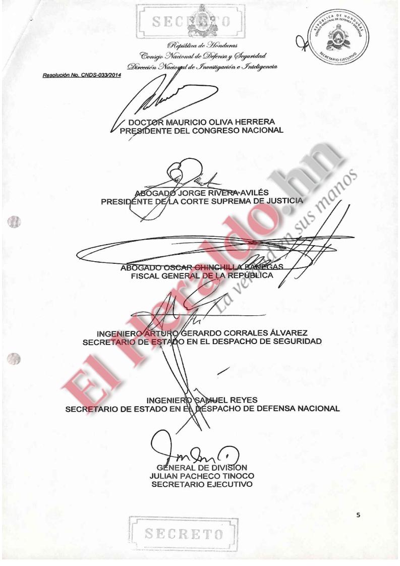 Firma contenida en la resolución 033-2014 de los miembros del Consejo Nacional de Defensa y Seguridad que junto a Juan Orlando Hernández aprobaron la compra del avión Legacy-600.