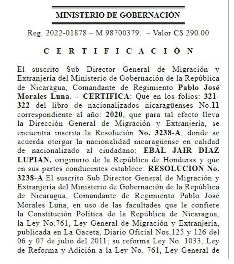 Exclusiva: Ebal Díaz fue nacionalizado nicaragüense