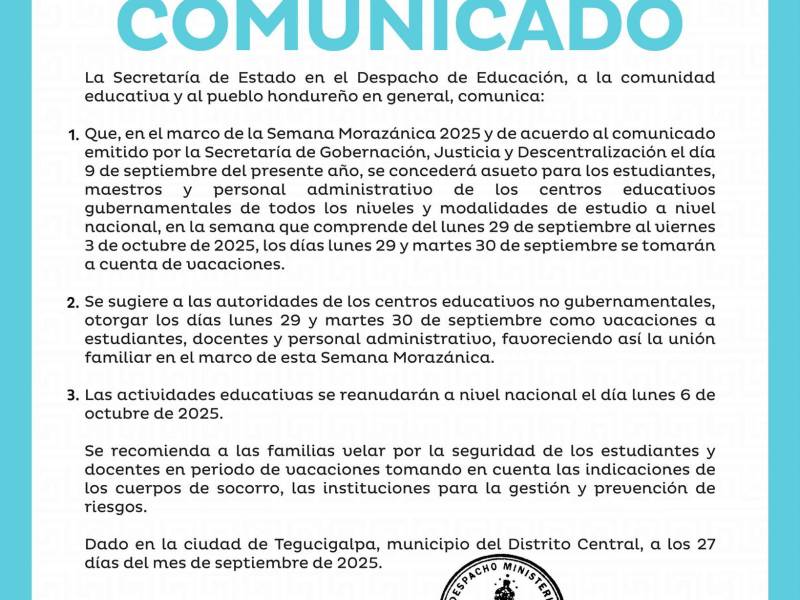 ¿Qué días tendrán libre los estudiantes en esta Semana Morazánica 2025?