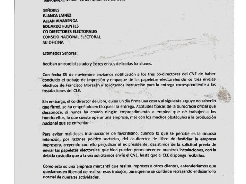 Carta enviada por Lithopress al Consejo Nacional Electoral (CNE) en la que denuncia al bloqueo en la entrega de las papeletas electorales de Francisco Morazán.