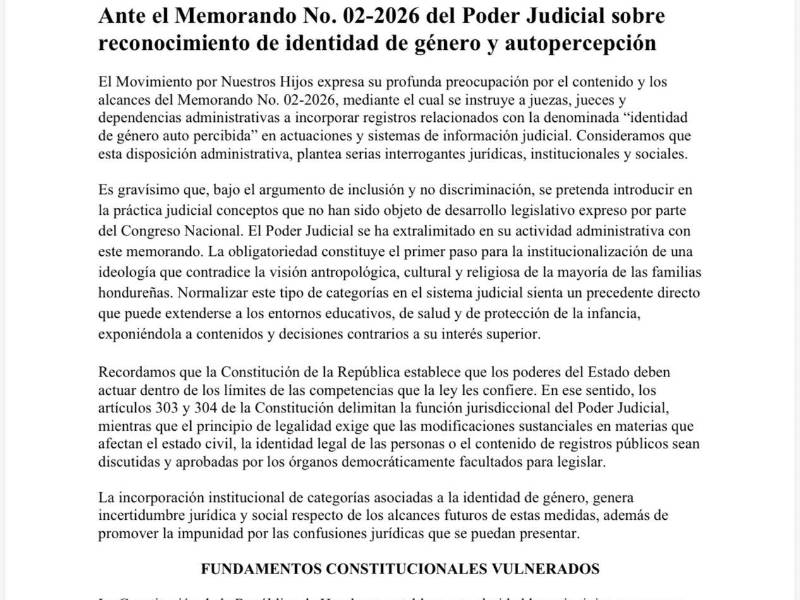Comunicado publicado por Movimiento por Nuestros Hijos rechazando memorando del Poder Judicial.