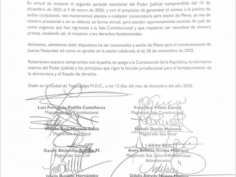 El escrito difundido y firmado por nueve magistrados de la Corte Suprema de Justicia (CSJ).