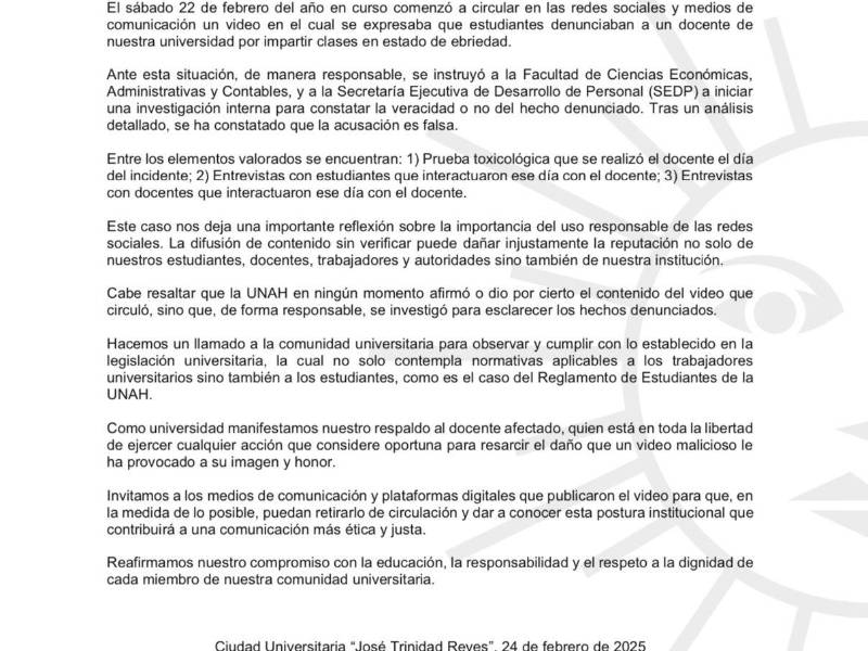 UNAH aclara que docente no dio clases ebrio y podría tomar acciones contra el estudiante que lo grabó
