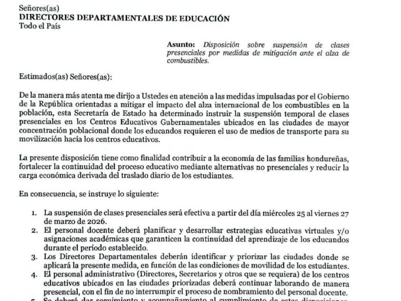 Circular de la Secretaría de Educación que ordena la suspensión temporal de clases presenciales en centros públicos del país.