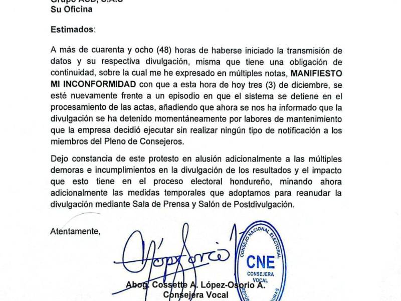 Escrito remitido por parte de Cossette López a la empresa Grupo ASD