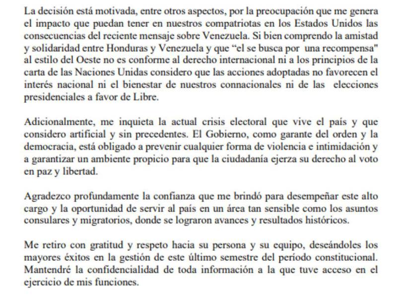 Esta fue la carta de renuncia que el vicecanciller remitió a la presidenta.