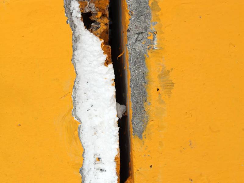 Una vista en primer plano de la ranura de separación del puente Papa Francisco, donde el desprendimiento de concreto dejó al descubierto el material aislante conocido popularmente como durablock.