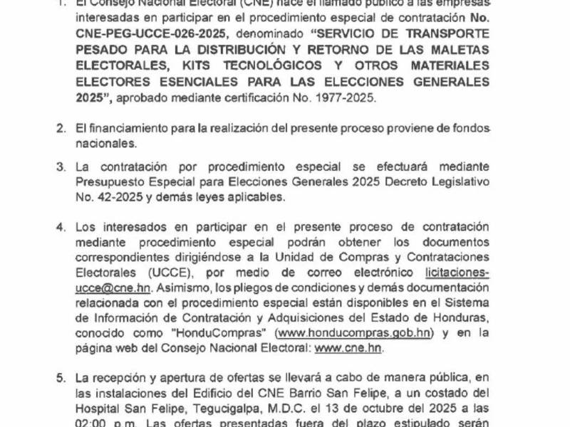 A través de la Unidad de Compras y Contrataciones, el CNE convoca a empresas a participar en la licitación del servicio de transporte electoral.