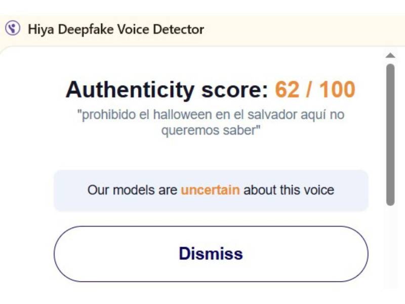 Captura de pantalla al resultado de Hiya Deepfake Voice Detector sobre el análisis del audio.