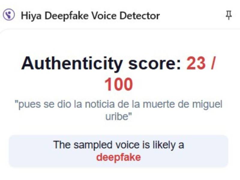 Captura de pantalla al resultado de Hiya sobre el análisis del audio.