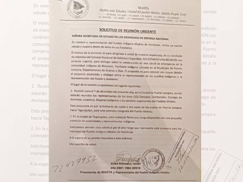 En un comunicado, la organización indígena Masta dijo que la construcción de la cárcel es de alto riesgo para su pueblo.