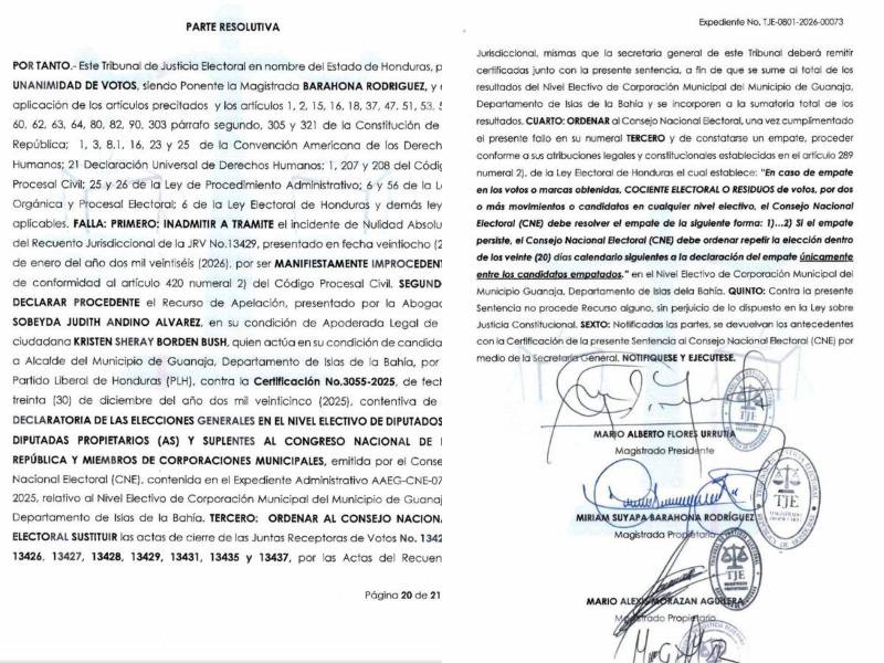 TJE pide al CNE repetir elecciones en alcaldía tras empate técnico en Guanaja