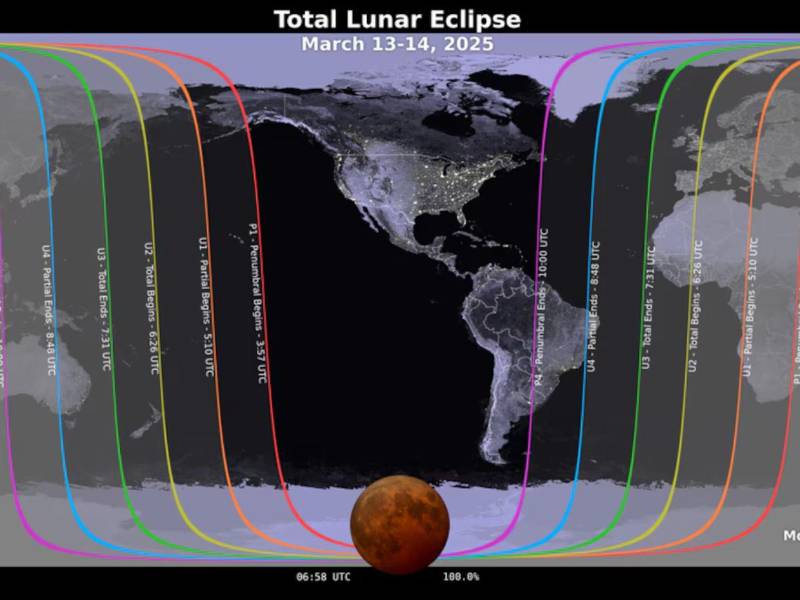 La NASA muestra por medio de esta imagen los lugares donde será visible el eclipse del 14 de marzo.