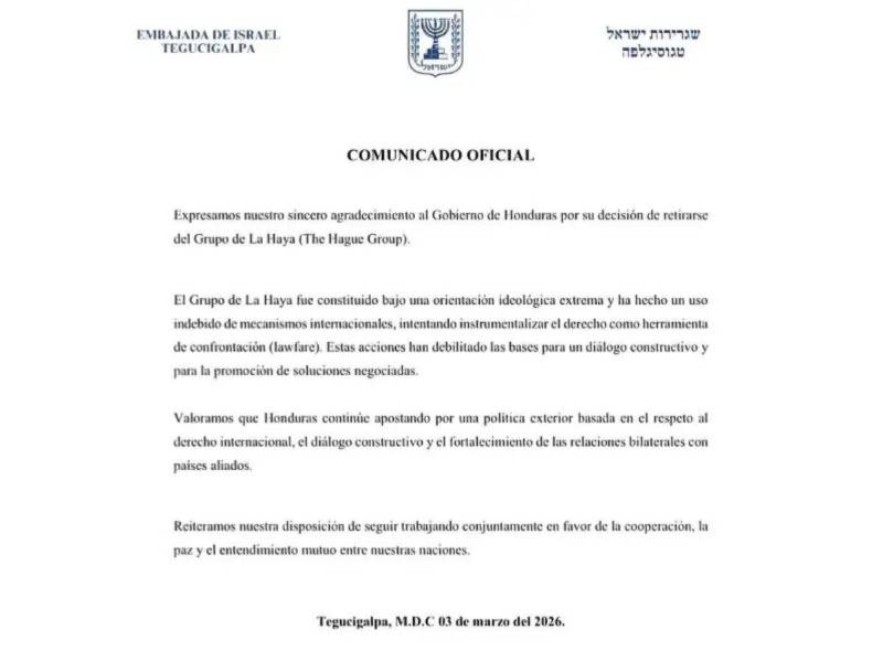 Comunicado oficial de la Embajada de Israel en Tegucigalpa