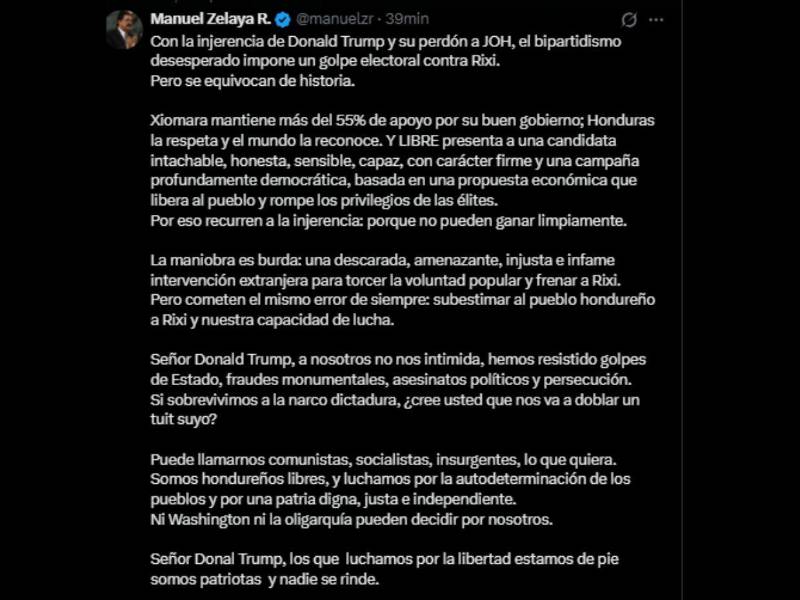 Mel Zelaya a Donald Trump tras otorgar indulto a JOH: ¿Cree usted que nos va a doblar un tuit suyo?