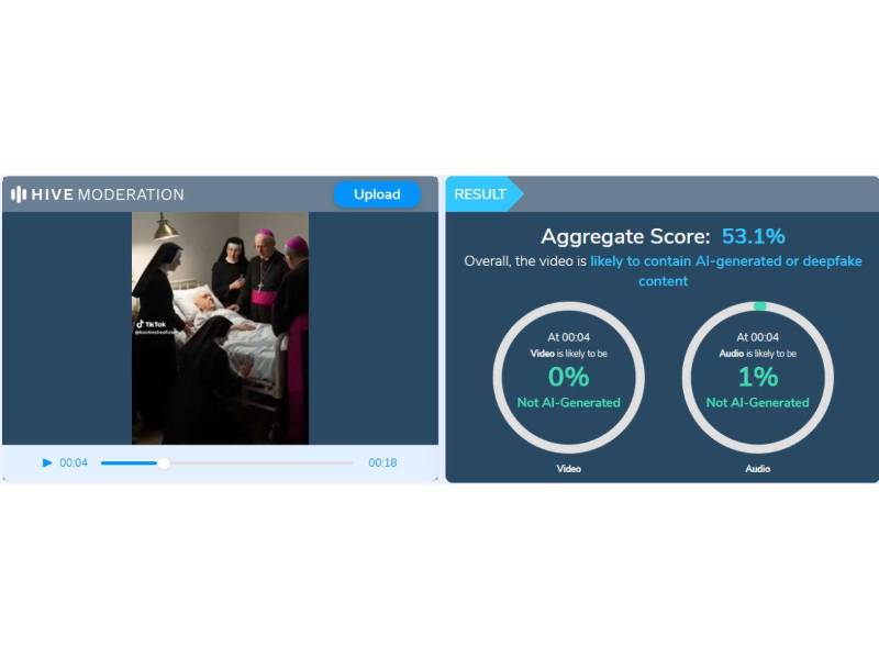 Captura de pantalla a los resultados de Hive Moderation sobre el analisis del video.