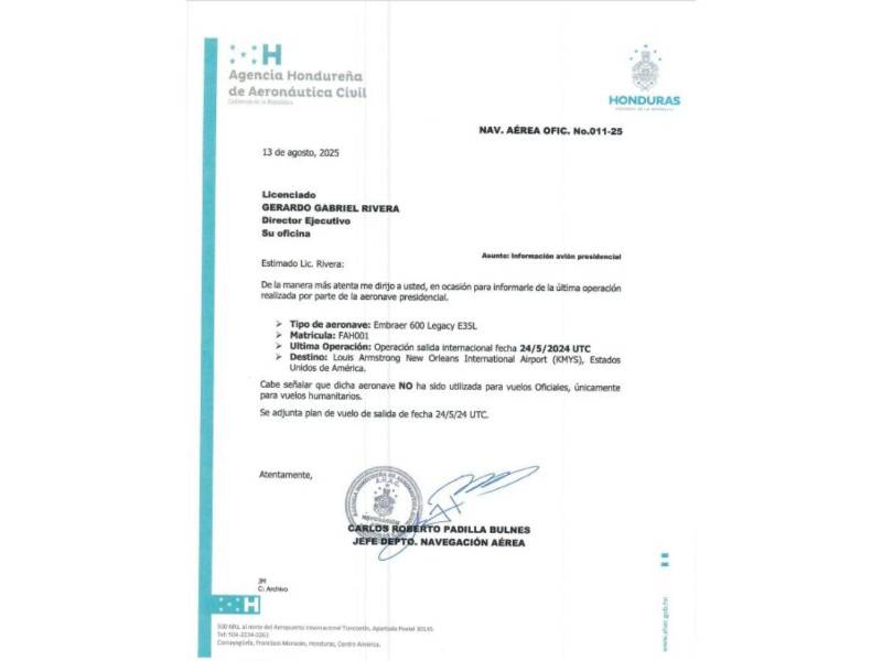 Captura de pantalla a un documento de la Agencia Hondureña de Aeronáutica Civil sobre información del avión presidencial.