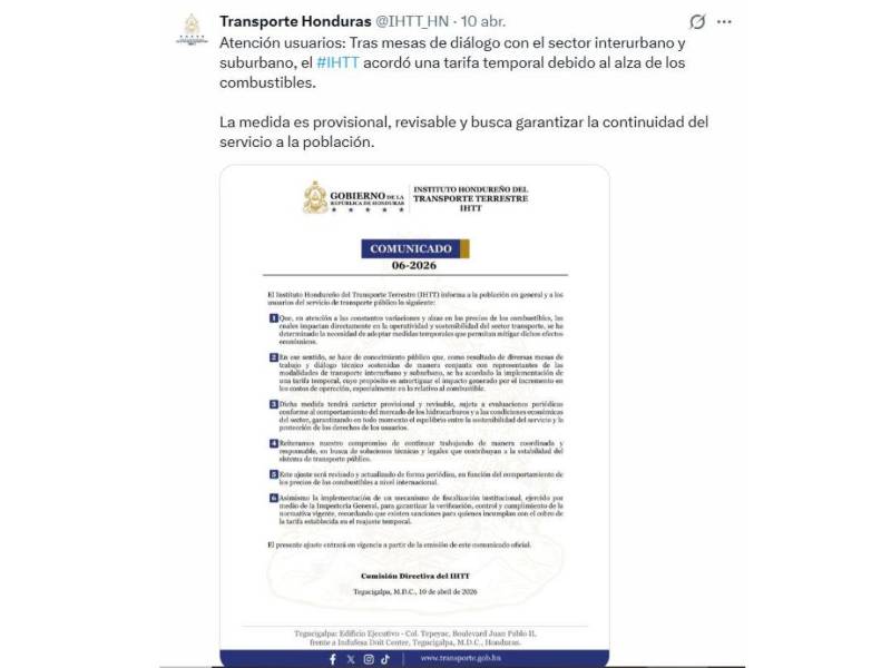 IHTT autoriza aumento temporal a tarifa del transporte sin detallar porcentaje