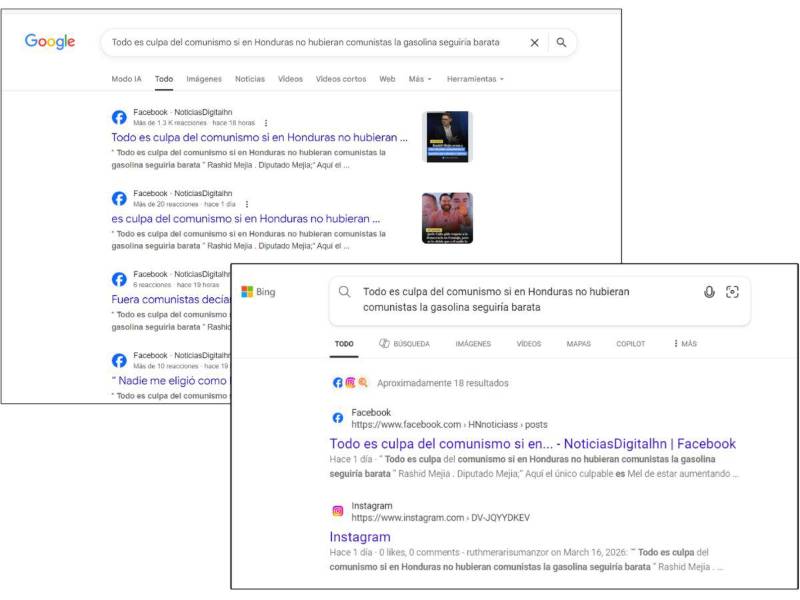 Captura de pantalla a la búsqueda de la frase textual en Google y Microsoft Bing.