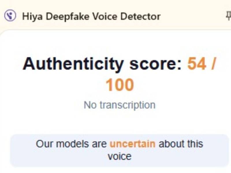 Captura de pantalla al resultado de Hiya sobre el análisis del audio.