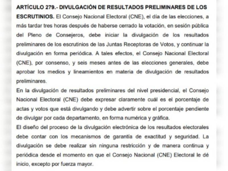 Captura de pantalla al artículo 279 de la Ley Electoral de Honduras.