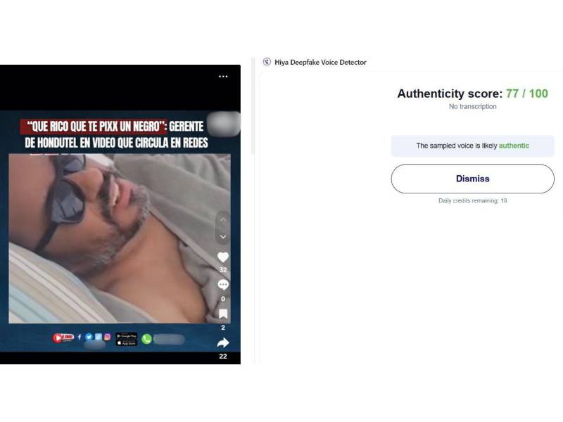 Captura de pantalla al resultado de Hiya Deepfake Voice Detector acerca del análisis del video.