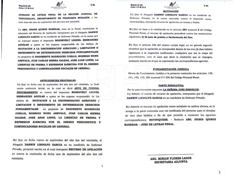 Tres días después de que fuera procesado formalmente, la defensa del general en condición de retiro, Roosevelt Hernández, presentó un recurso de apelación con el que busca revertir la resolución judicial y obtener un sobreseimiento definitivo.